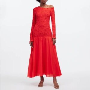 $595 NWT Rhode Lettie One Shoulder Smocked Dress in Chili Sz X-Small